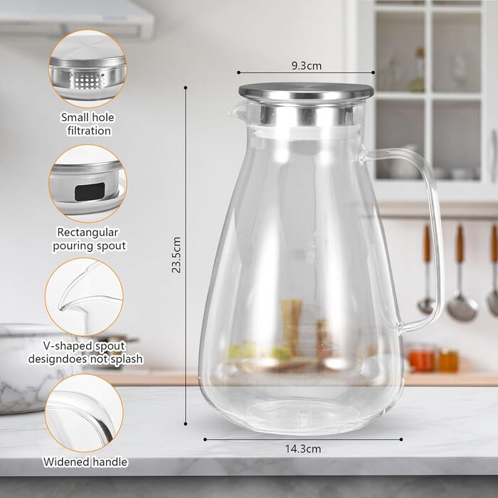 Скляна карафа 2,2 л з кришкою, термостійка, для води, соку та гарячих напоїв