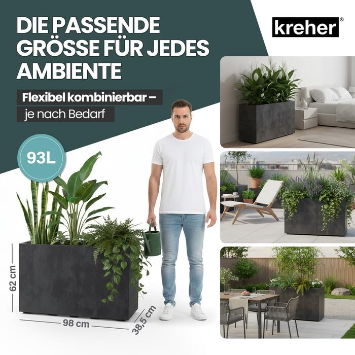 Плантатор Kreher XL Millennium: кашпо для квітів з каменю, різні розміри та кольори (коричневий, бежевий, антрацитовий, сірий). З міцного пластику.