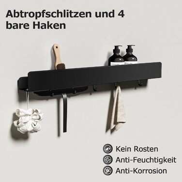 Поличка для душу Rekita без свердління, органайзер для ванної кімнати 40/60 см, нержавіюча сталь, 4 знімні гачки, тримач для шампуню, навісна поличка, полиця для ванної (Чорний)