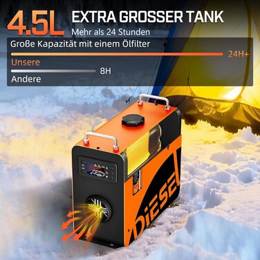 Дизельний опалювач LDHTHOPI 8 кВт, 12/24V з таймером, LCD-дисплеєм та пультом керування. Швидкий нагрів, 4.5L. Економія енергії для гаража, кемпінгу, автодому (Помаранчевий)