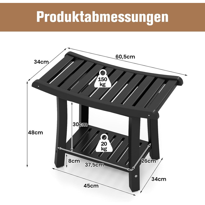 Двомісний стілець для душу Costway з полицею, 170 кг, 60,5 x 34 x 48 см (Чорний)