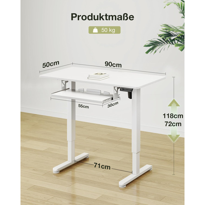 Електричний стіл OffiGo, 100x50 см, з підставкою для клавіатури, 3 положення пам'яті, для роботи та навчання, білий