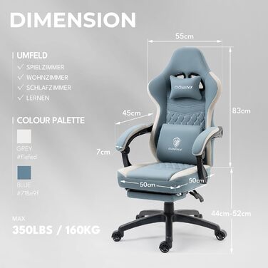 Ігровий крісло Dowinx з тканинною оббивкою, гелевою подушкою та пружинним блоком, ергономічний офісний крісло з підніжкою, крісло-масажер для геймерів, для дорослих (Блакитний)