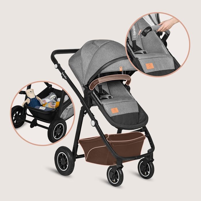 Дитяча коляска Lionelo Bianka 3 в 1 до 22 кг з автокріслом, компактна, регулювання спинки, колеса 360°, амортизація, великий капюшон (сіра)