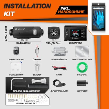 Дизельний опалювач KESSER® 12/24V з таймером, LCD-дисплеєм та пультом керування | Швидкий нагрів, термостат, шумопоглинач | 8kW (червоний/чорний)