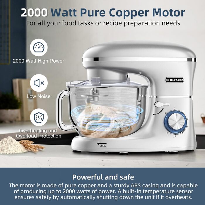 Кухонна машина Cheflee 2000W з місткою чашею 6.2L з нержавіючої сталі, 6 швидкостей, низький шум, набір насадок (міксер, гак для тіста), захист від бризок