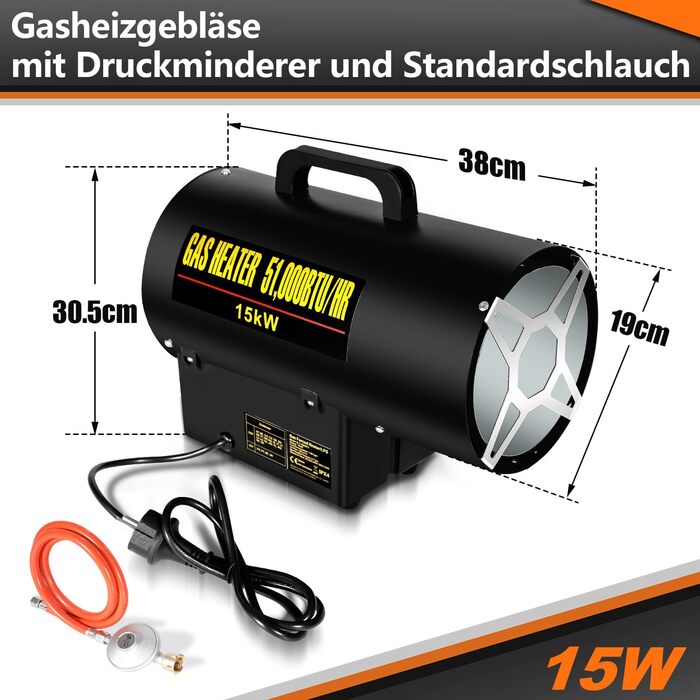 Газовий нагрівач з вентилятором, 15 кВт, з газовим шлангом 1,2 м та редуктором тиску 700 мбар, нержавіюча сталь, Piezo-запалювання, з ручкою