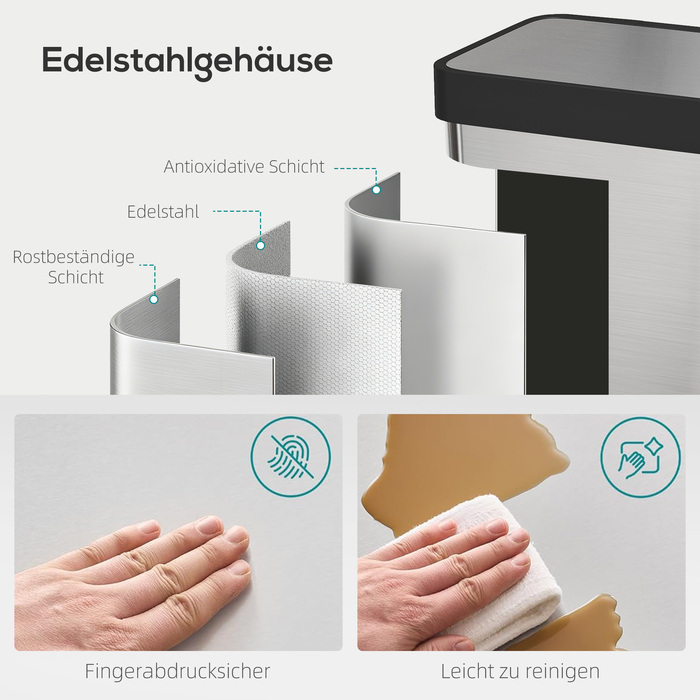 Відро для сміття 60 літрів з педальним механізмом, нержавіюча сталь, з м'яким закриванням кришки, сріблястого кольору