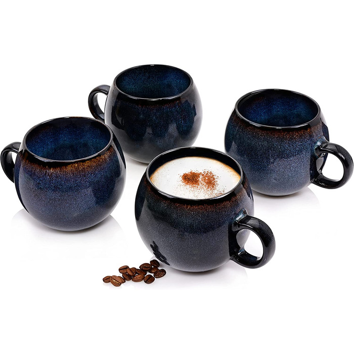 Набір кавових чашок Sänger Tokio 8 шт., чашки для капучино 4 шт., набір чашок з блюдцями, 80 мл, кераміка, блакитно-чорний колір з коричневими акцентами, PREMIUM COLLECTION