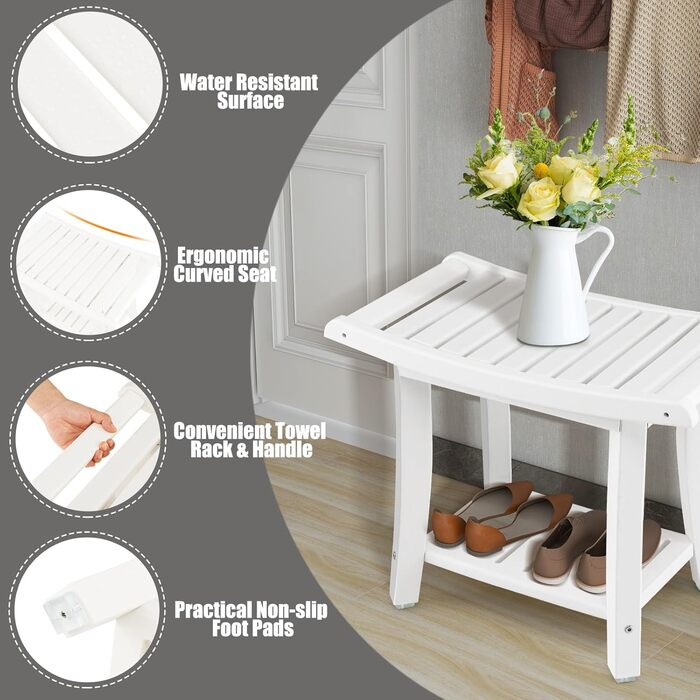 Двомісний стілець для душу HOMASIS з полицею, до 170 кг, HDPE, з ручками та антиковзними накладками, для літніх людей та дорослих (білий)