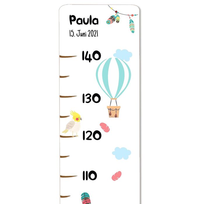 Дитяча дерев'яна вимірювальна паличка Holzura, вимірювальна паличка з іменем для дитячої кімнати, подарунок на день народження для хлопчика та дівчинки, вимірювач зросту для дітей (папуга, дерево з білим покриттям)