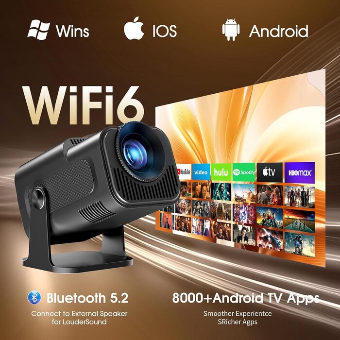 Портативний відеопроектор Mini Beamer 1920x1080P з підтримкою Android TV, WiFi 6, BT5.2, HDMI, USB, PS5, Laptop та мишкою