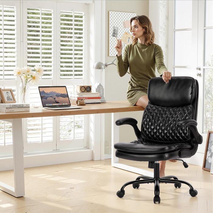 Офісний крісло Colamy: ергономічний, з високою спинкою, регульовані підлокітники, шкіряне покриття, чорний