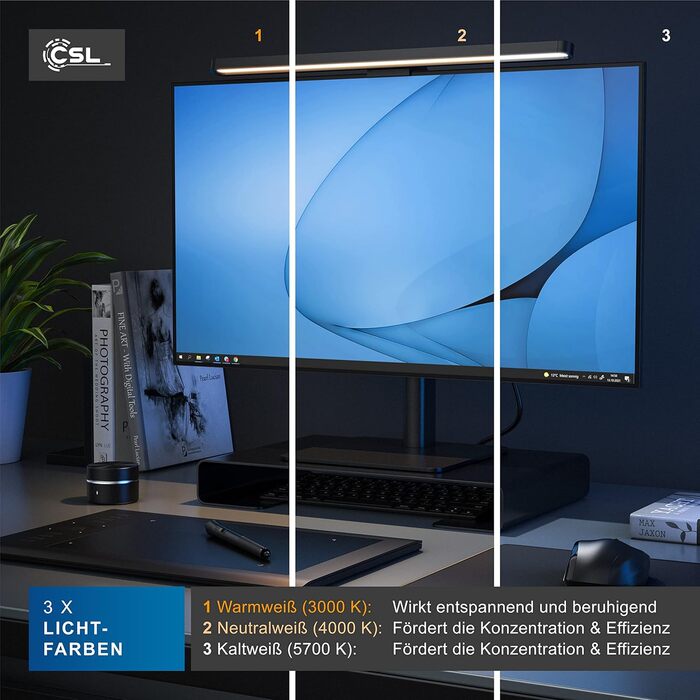 LED-лампа для монітора CSL Screenbar USB з пультом дистанційного керування, регулювання яскравості, 3 колірні температури, захист очей, поворотна