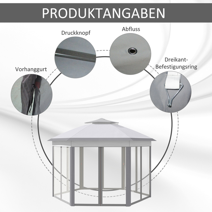Павільйон шестигранний 4x4 м, сітка-навіс, водовідштовхувальне покриття, вентиляційне дах, сірий+білий