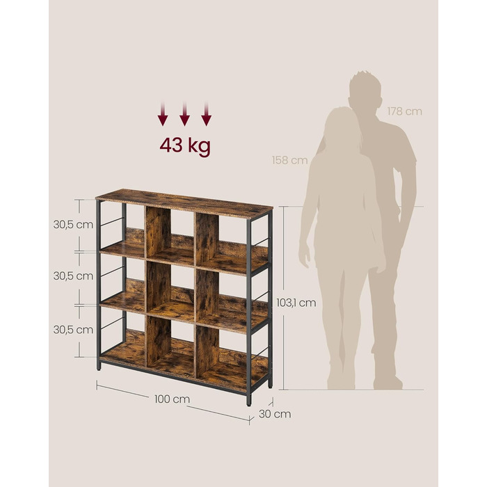 Полиця VASAGLE, 6 відділень, 33x120x80 см, вінтажний коричнево-чорний, для вітальні, спальні, кухні