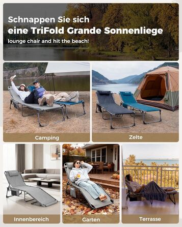 Лежак для відпочинку KingCamp великого розміру, складаний, 5 положень, для саду, кемпінгу, пляжу, з подушкою та кишенею, до 200 кг, 200 x 68 см, сірий