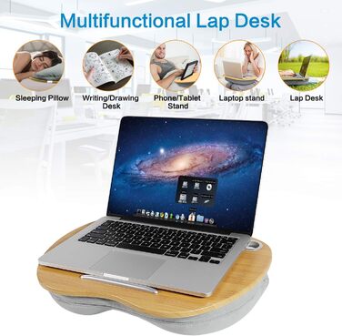 Підставка для ноутбука VLOXO бамбукова, портативна, для ліжка та дивану, з м'якою підкладкою, ергономічне коліно, з отвором для кабелю та протиковзкими смугами, для ноутбуків/планшетів/MacBook до 14 дюймів (срібна)
