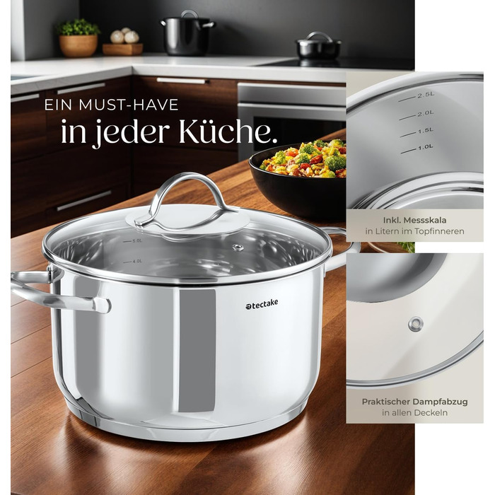 Набір каструль tectake® 9 предметів з нержавіючої сталі, посуд для плити (індукційна, газова, електрична), кухонний набір для дому та кемпінгу