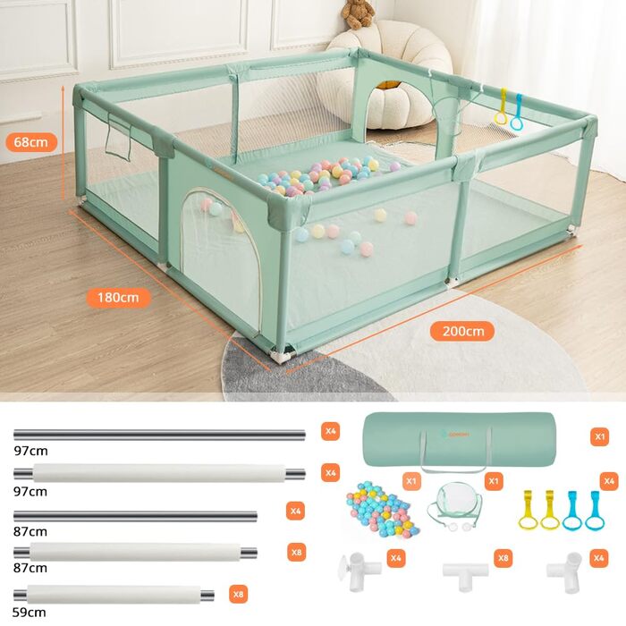 Манеж для дітей COMOMY 180x200x66 см, великий ігровий простір XXL, захисна огорожа з м'якою сіткою, нековзке дно з оксфорду, м'ячі, міні-кошик і 4 кільця, зелений