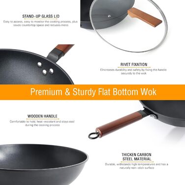 Кордісен Вок з антипригарним покриттям 33 см, 5.6 л з кришкою, без хімічного покриття, попередньо приправлений, підходить для індукційних, електричних та газових плит