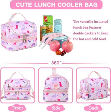 Сумка для сніданку для дітей, сумка-холодильник з двома відділеннями, сумка-холодильник для хлопчиків для школи, дитячого садка, дитячого садка, сумка-Ланч-бокс для пікніка з плечовим ременем (рожевий динозавр)