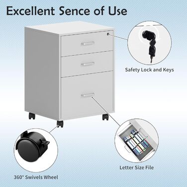 Шафа для документів на колесах SogesHome, офісний контейнер з 3 висувними ящиками, білий, з замком
