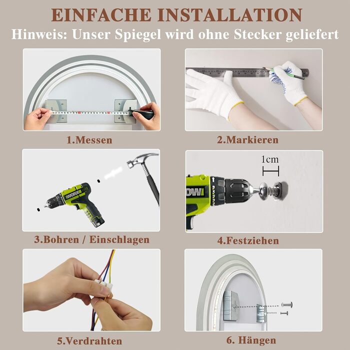 LED дзеркало для ванної кімнати Badspiegel з підсвічуванням, антизапар, сенсорне керування, регулювання яскравості, 3 кольори світла, овальне, 50x70 см