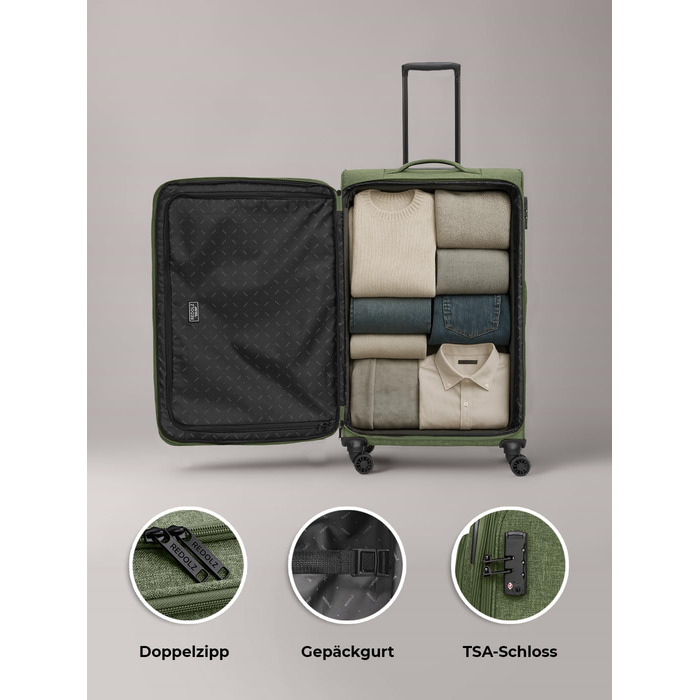 Набір валіз REDOLZ 3 шт. для жінок та чоловіків | Легкі та стійкі дорожні валізи з високоякісним softcase, 4 подвійні колеса, TSA-замок, розширювані (Essentials 12) Оливковий колір
