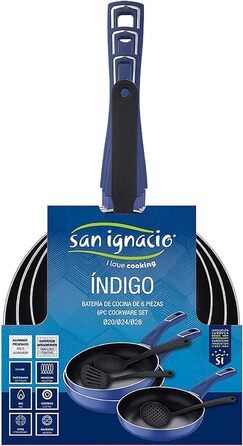 САН-ІГНАСІО Індіго Сковорідки з антипригарним покриттям Набір із 3 предметів із 3 кухонного приладдя Пресований алюміній Діаметр 20, 24 y 28 см Для електричних, галогенних, газових та склокерамічних плит Blue Set 3 сковороди (202428 см) 3 посуду