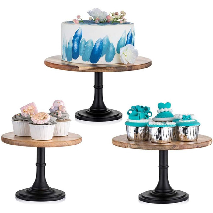 Дерев'яний підставка для тортів Nuptio Rustikaler: 25 см, набір 3 шт. для весілля, дня народження, дитячого свята, чаювання