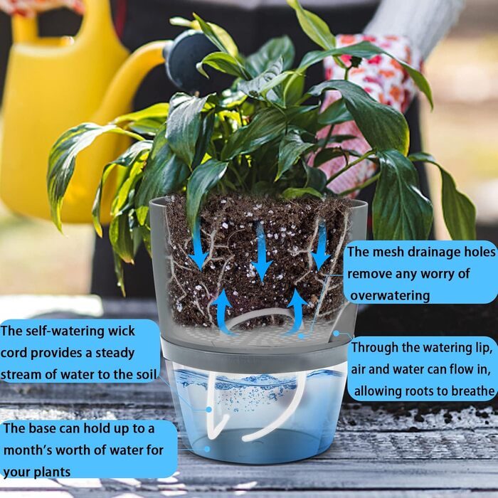 Набір горщиків для квітів та трав 6 шт. з автополивом, сірий - 22.3/15.3/10.5/8.2 см