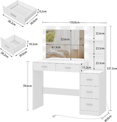 Великий туалетний столик з дзеркалом, LED підсвічування, 5 ящиків, полиці, зарядна база, білий