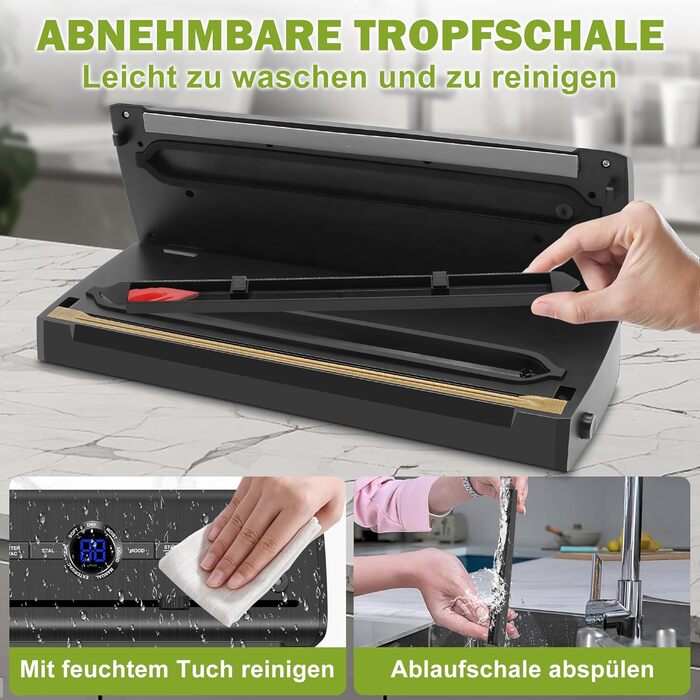 Вакууматор для продуктів 7 в 1, професійний вакуумний пакувальник з подвійним швом, цифровим таймером та різаком, комплект з 50 пакетами (Чорний)