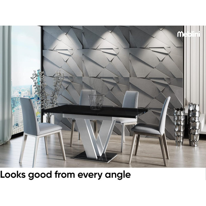 Обідній стіл Meble Line розсувний, сучасний дизайн, 120-160x80x75 см, чорний/білий глянцевий МДФ