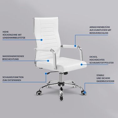 Офісне крісло Yaheetech з підлокітниками, офісний стіл, крісло для начальника, комп'ютерне крісло з високою спинкою, робоче крісло з функцією гойдання, біле, до 136 кг