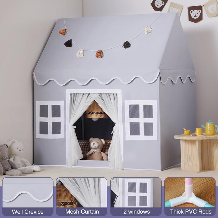Дитячий намет Wilwolfer з килимком для малюків: Принцесин будиночок з бахромою для дівчаток та хлопчиків - Великий намет для гри в приміщенні та на вулиці (Мишачий сірий)