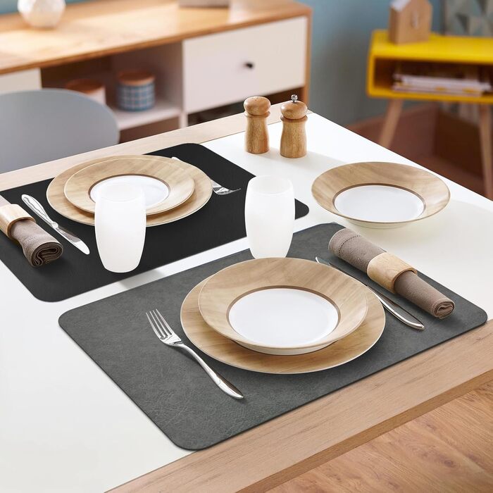 Набір підставок під тарілки 6 шт, неслизькі, миючіся, з штучної шкіри, 40 x 30 см (сірий/чорний)