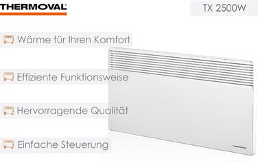 Електричний конвектор Thermoval, Електричний радіатор TX 2500, 2,5 кВт, IP20, Окремо стоячий або настінний електрообігрівач, Електрообігрівач для житлових та офісних приміщень, Конвекторний обігрівач, Білий