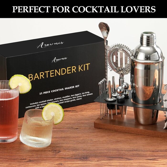 Набір бармена на 23 предмети: шейкер, сито, ложка, мадлер та інші інструменти для приготування коктейлів. Ідеально для дому, бару, вечірки (колір: коричневий)