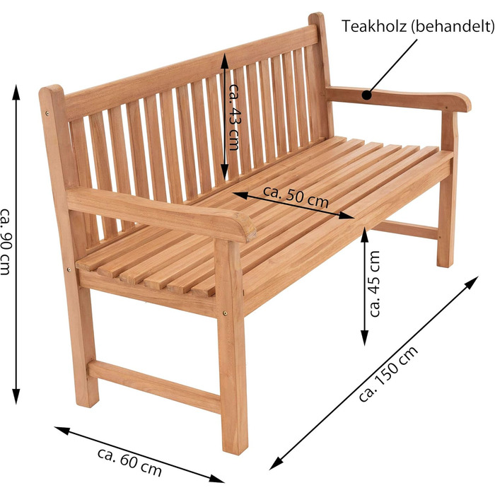 Садова лавка Divero Abruzzo 3-місна з тикового дерева, оброблена, коричнева