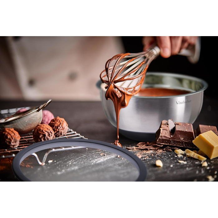 Набір мисок з нержавіючої сталі з кришками [3 шт.] 1л + 2.5л + 4.5л | Миски для перемішування, салатники, набір мисок | Нековзні, складаються, придатні для миття в посудомийній машині