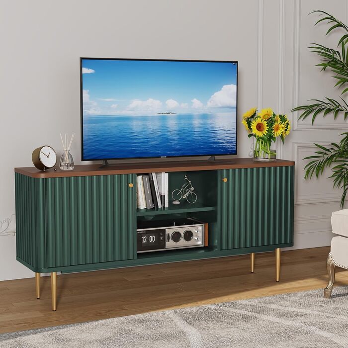 Тумба під TV з дерева з 2 дверцятами, зелена, для вітальні, спальні, їдальні - сучасний стиль