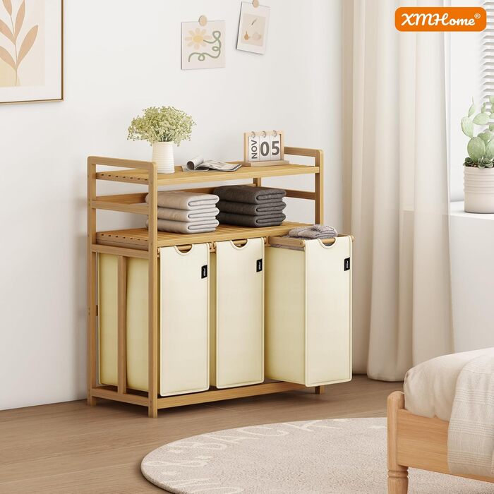 Бамбуковий сортувальник для білизни з 3 відділеннями, 148 літрів, 2 яруси, великий кошик для білизни з знімним мішком, прямокутна коробка для ванної, спальні та пральні, 77.5x41.3x100.5 см, Бежевий