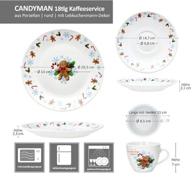 MamboCat Candyman 18-ти частинний кавовий сервіз з порцеляни для 6 осіб з новорічним дизайном (6 чашок 160 мл, 6 підставок, 6 тарілок)
