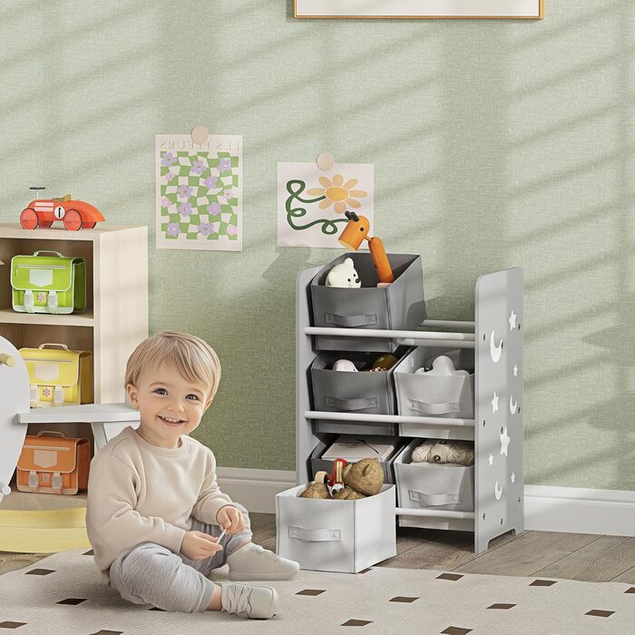 Полиця для іграшок Kinderregal для дітей старше 3 років, сіра, з 6 коробками з фетру, органайзер для іграшок, 43x30x60 см
