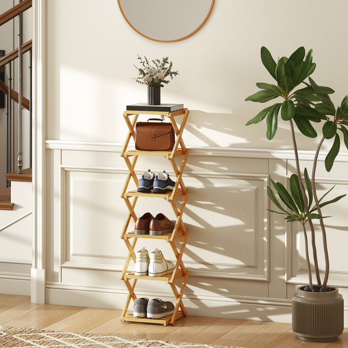 Стійка для взуття, розкладна, з 6 полицями з бамбука, вміщує до 9 пар взуття, розмір 30 x 29 x 108 см, колір: натуральний