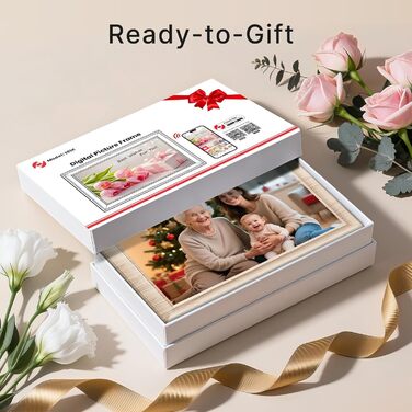 Frameo Цифровий фоторамка 10.1 дюймів, HD 1280*800 IPS сенсорний екран, 32GB пам'ять, автоповорот, Frameo App для обміну фото та відео, білий дерев'яний масив