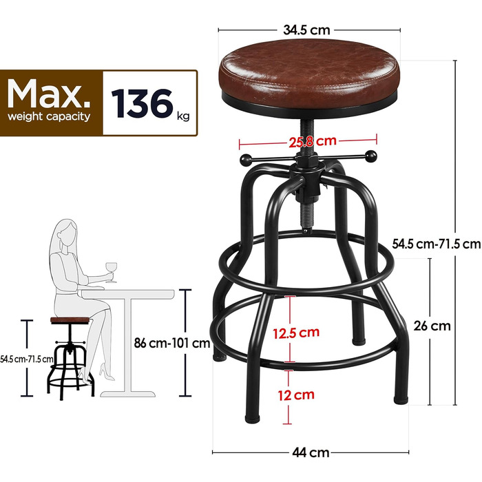 Барний стілець Yaheetech вінтажний, регульована висота, з товстим сидінням, без монтажу, з штучної шкіри, для кухні/вітальні/бару/кафе, коричневий