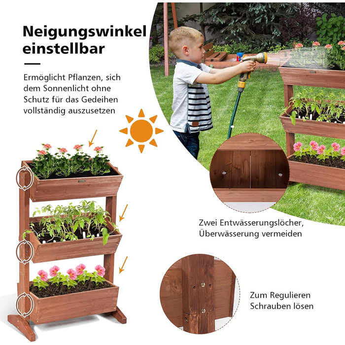 Вертикальна грядка COSTWAY з 3 рівнями, 6 контейнерами для квітів, дерев'яний ящик для тераси, балкона або саду 126x90x115 см (коричневий)
